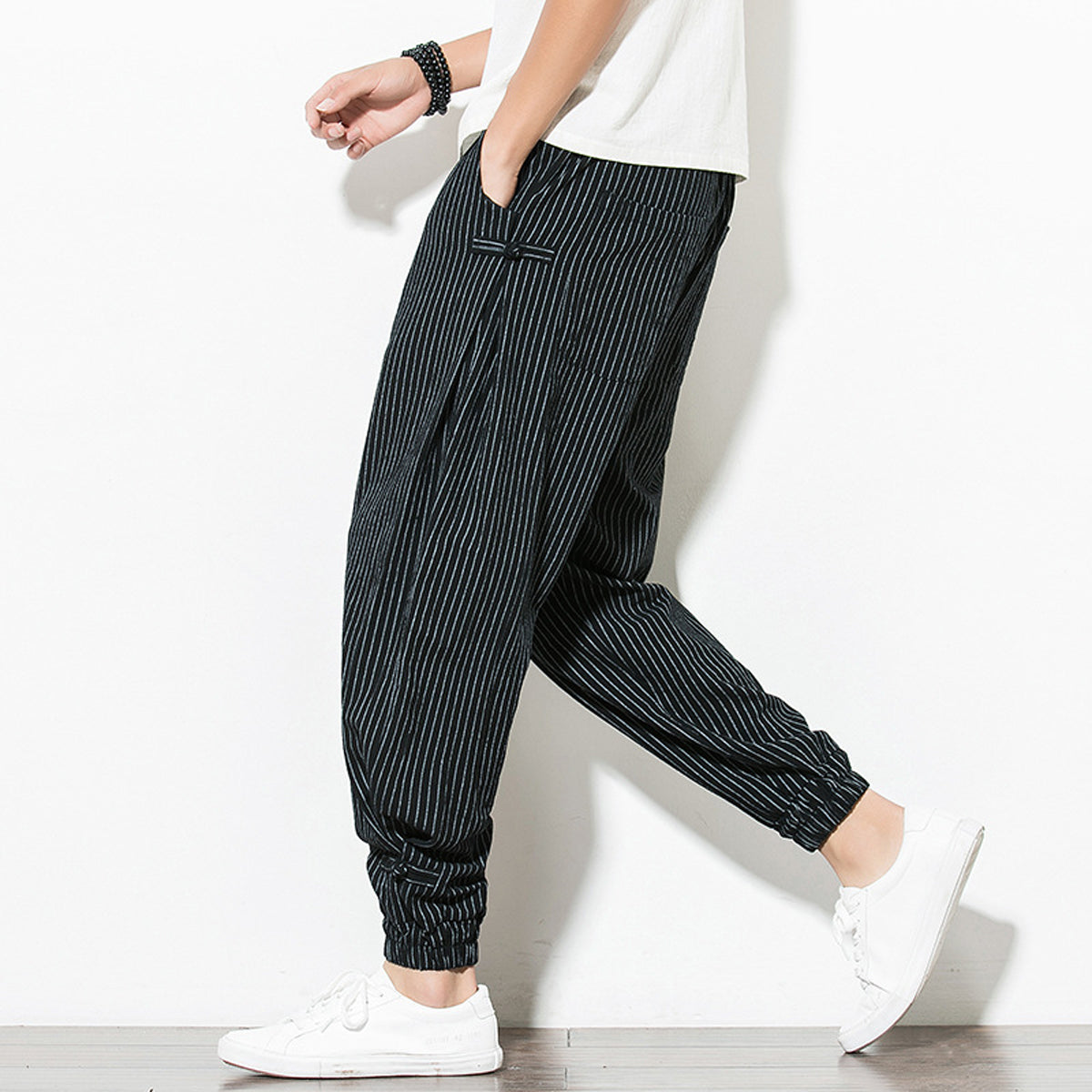 Men's Pants Loose Thin Black & White Striped Jogger Breathable Casual Harem Combo (Pack of 2)