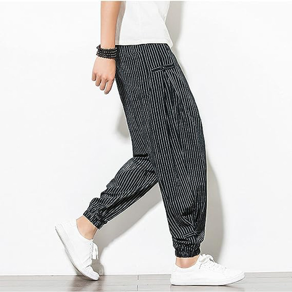 Men's Pants Loose Thin Black & White Striped Jogger Breathable Casual Harem Combo (Pack of 2)