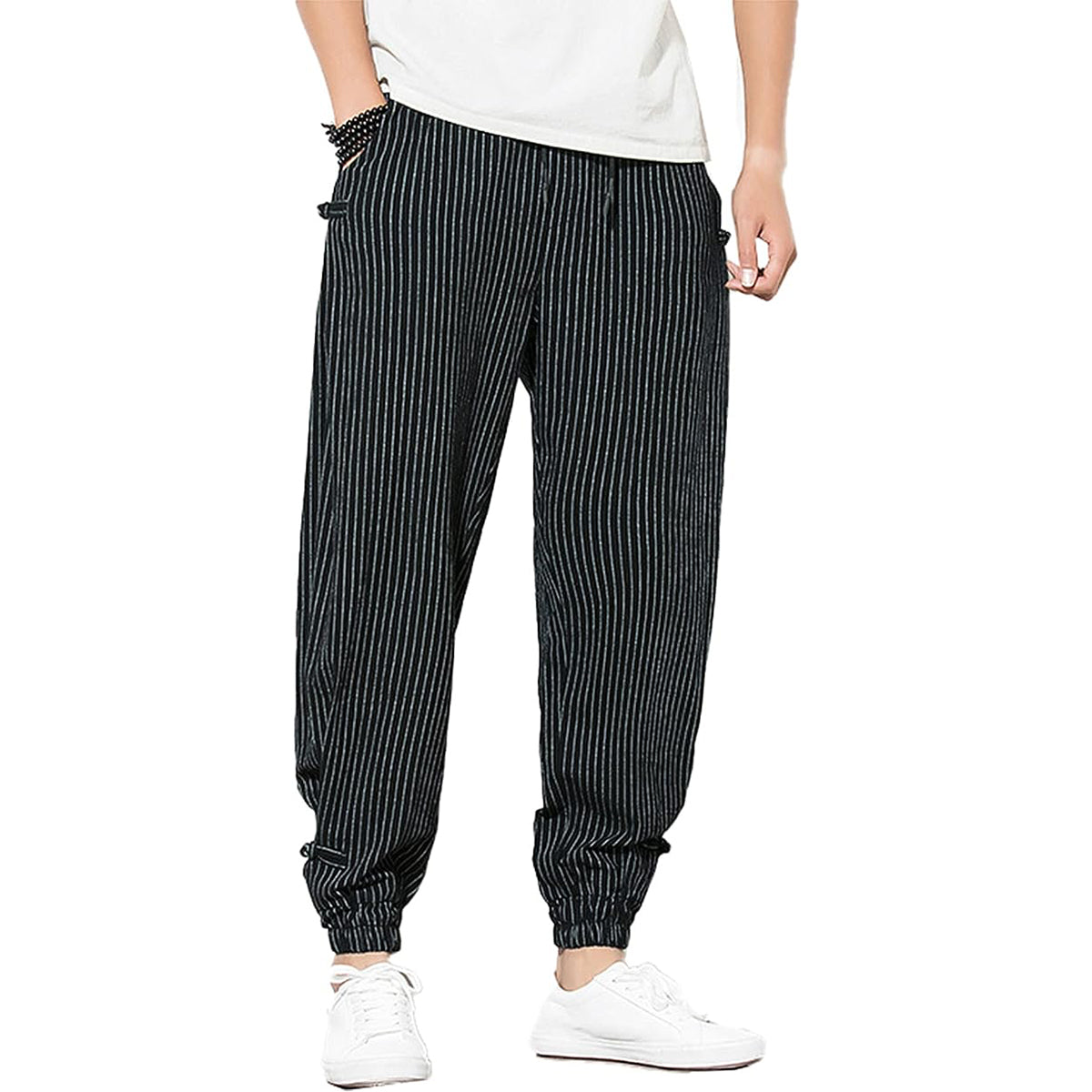 Men's Pants Loose Thin Black Striped Jogger Sweatpants Breathable Casual Harem Pants