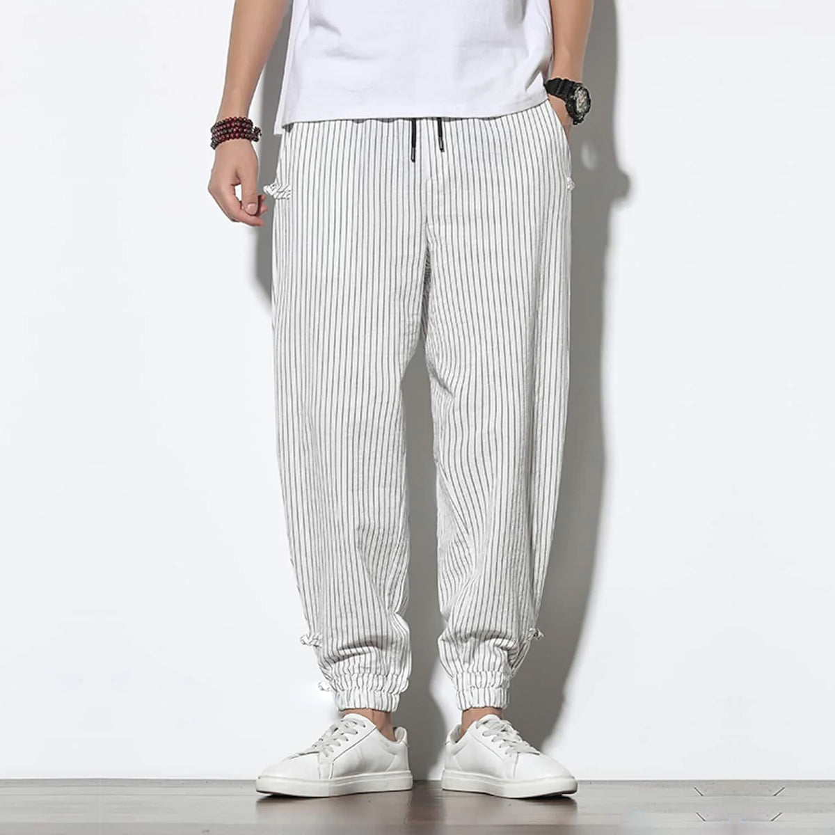 Men's Pants Loose Thin Black & White Striped Jogger Breathable Casual Harem Combo (Pack of 2)