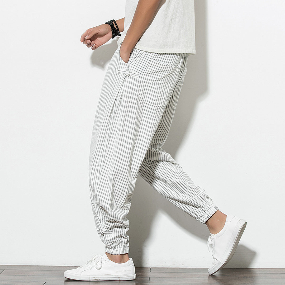 Men's Pants Loose Thin Black & White Striped Jogger Breathable Casual Harem Combo (Pack of 2)