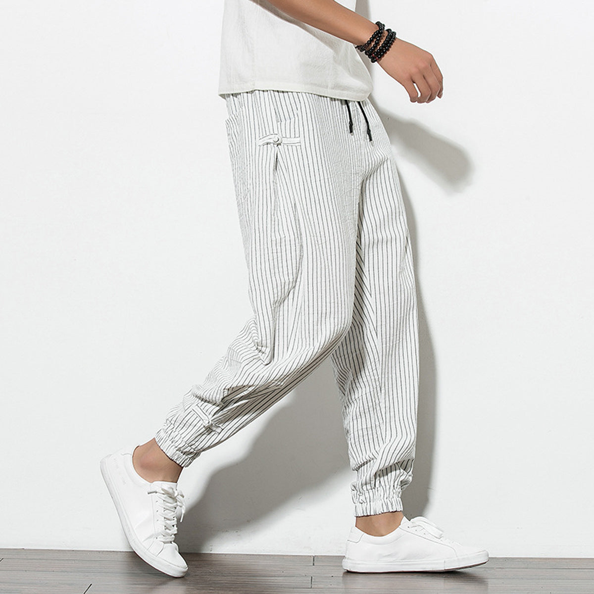 Men's Pants Loose Thin White Striped Jogger Breathable Casual Harem Pa –  Evalaxy