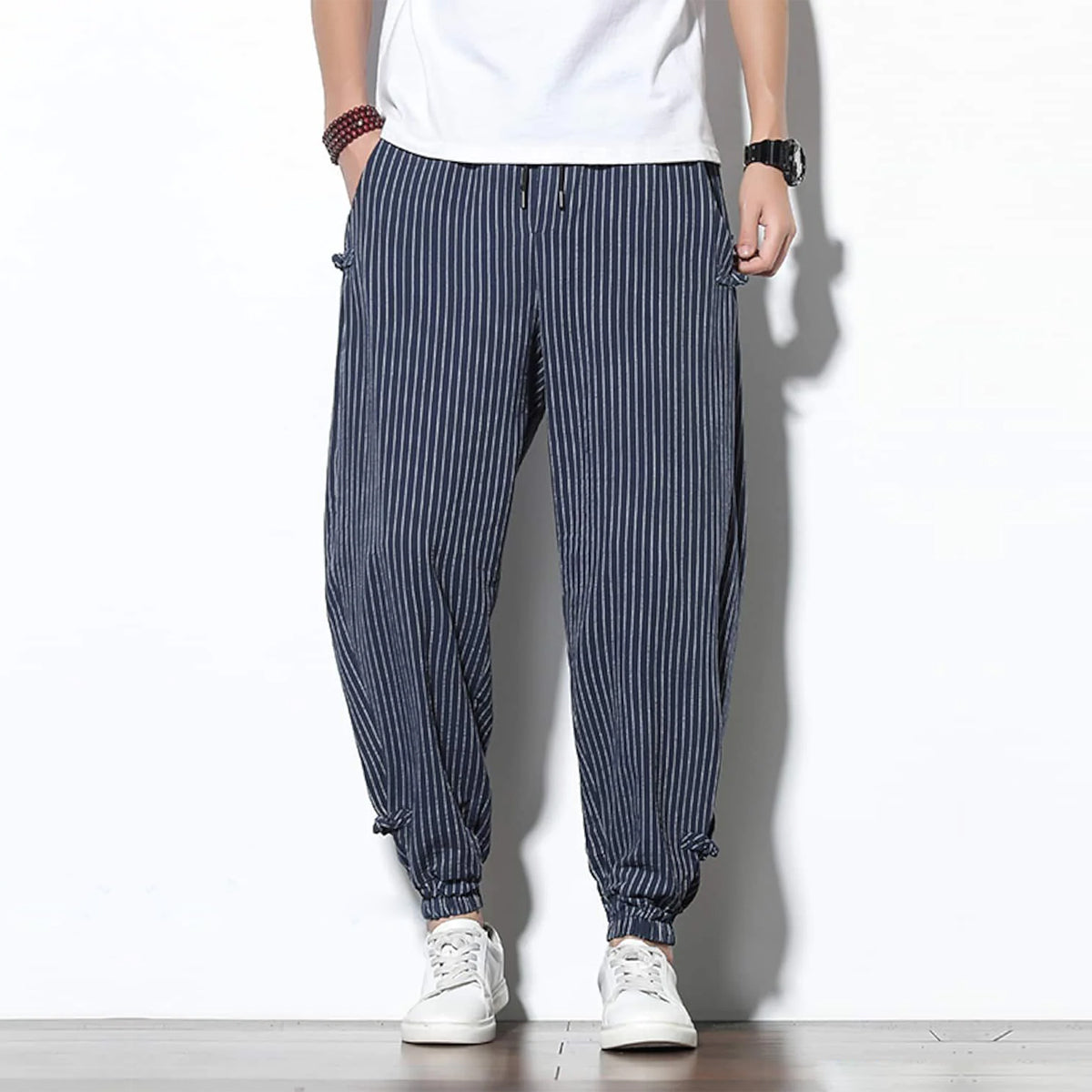 Men's Pants Loose Thin Blue & White Striped Jogger Breathable Casual Harem Combo (Pack of 2)