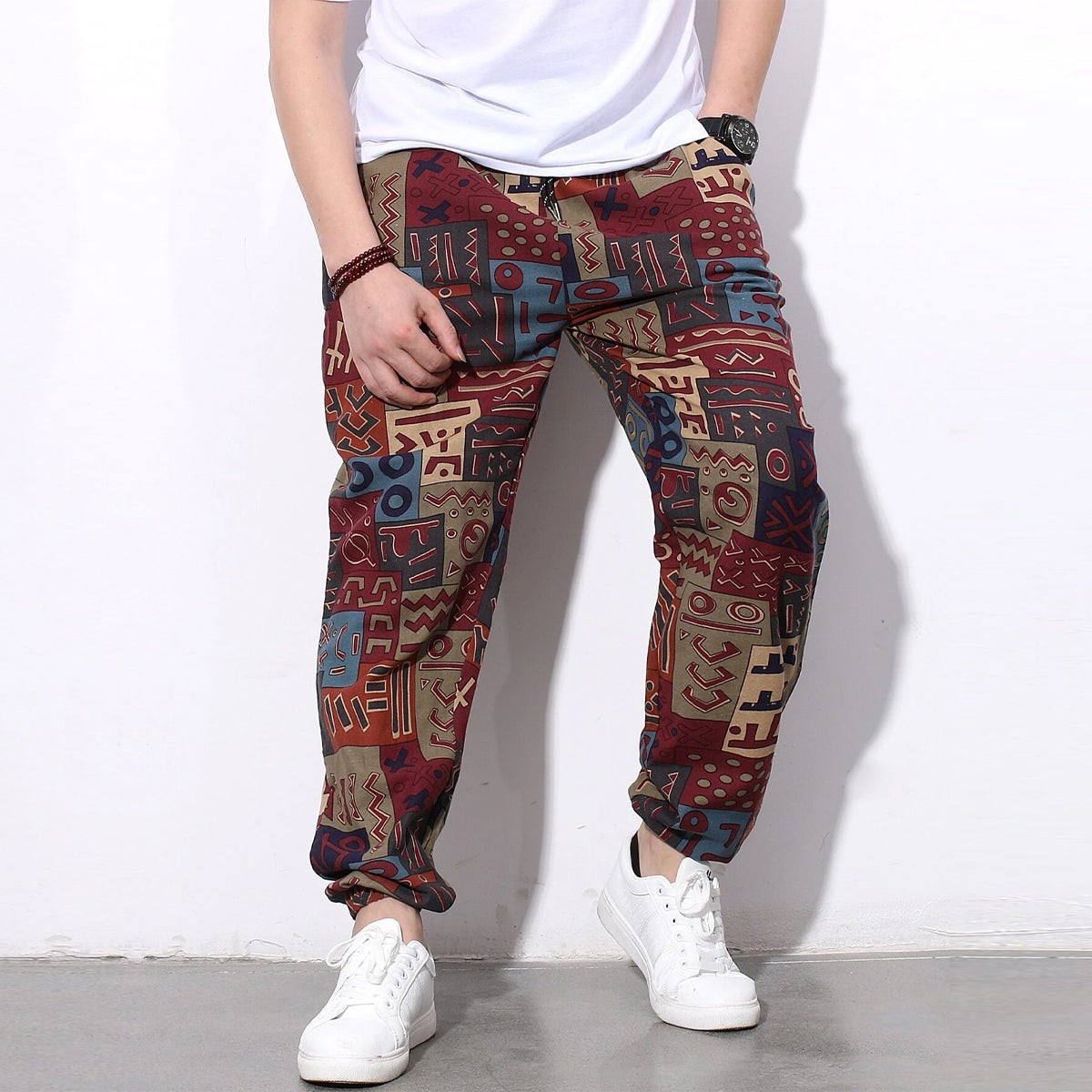 Loose Geomatric Prints StreetWear Jogger Breathable Casual Harem Pants for Men Women