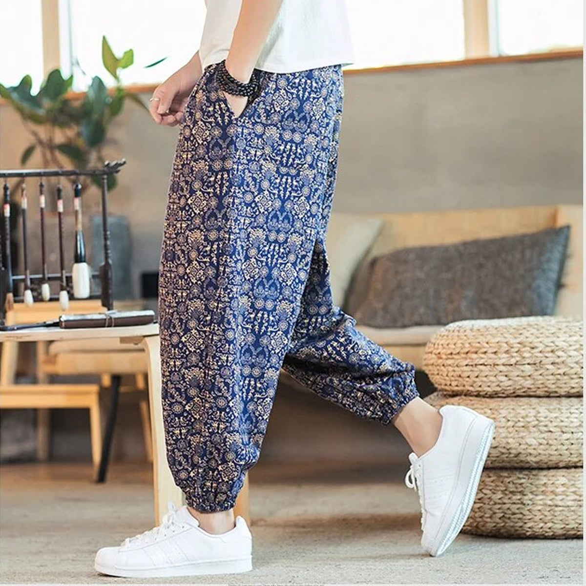 Loose Blue Rangoli Jogger Breathable Casual Harem Pants