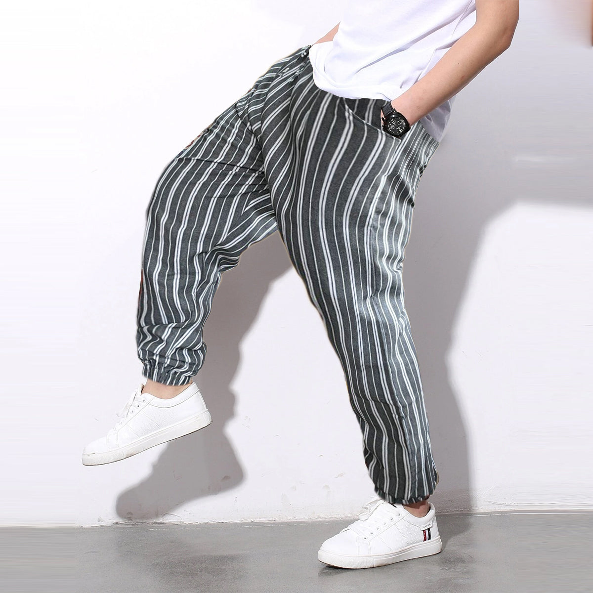 Men's Pants Loose Thin Grey Striped Jogger Breathable Casual Harem Pants