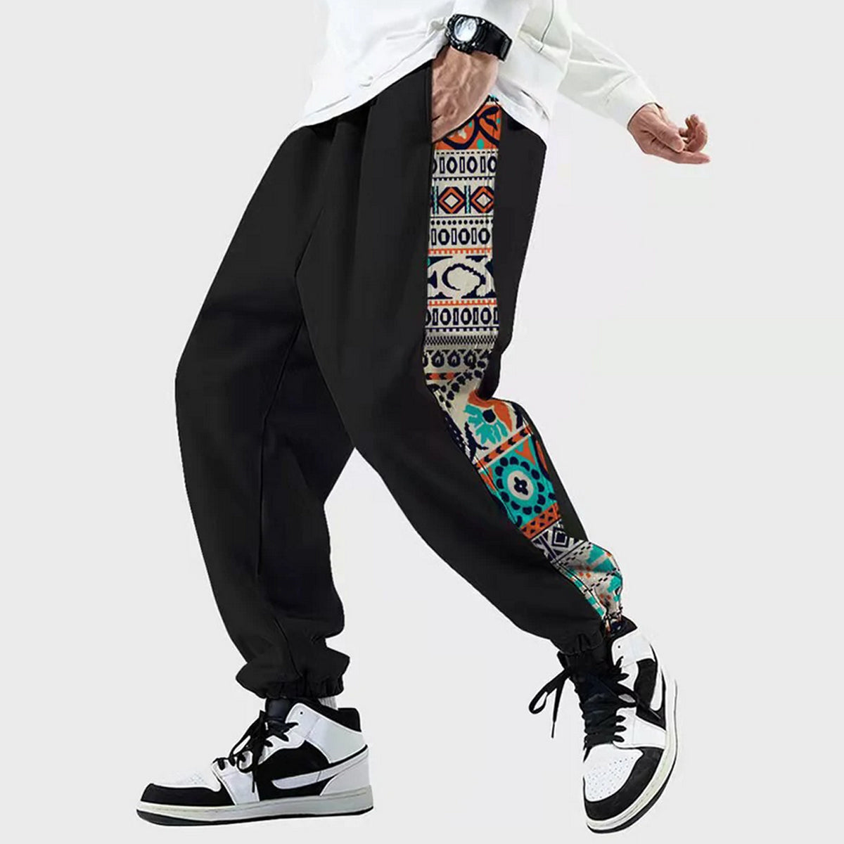 Black Side Print Jogger Breathable Casual Harem Pants For Men