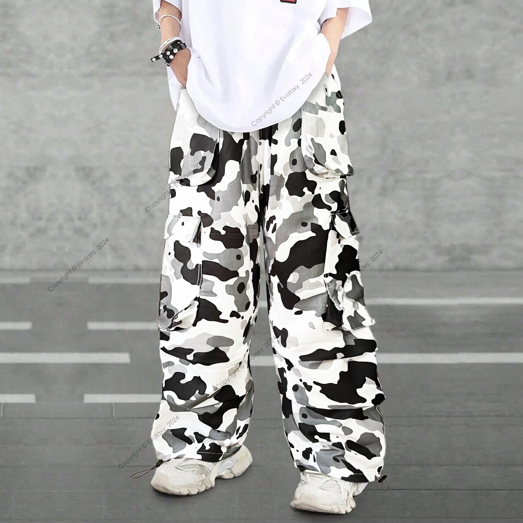 Unisex White Grey Camo Cargo Pants – Baggy Parachute Style for Men Women