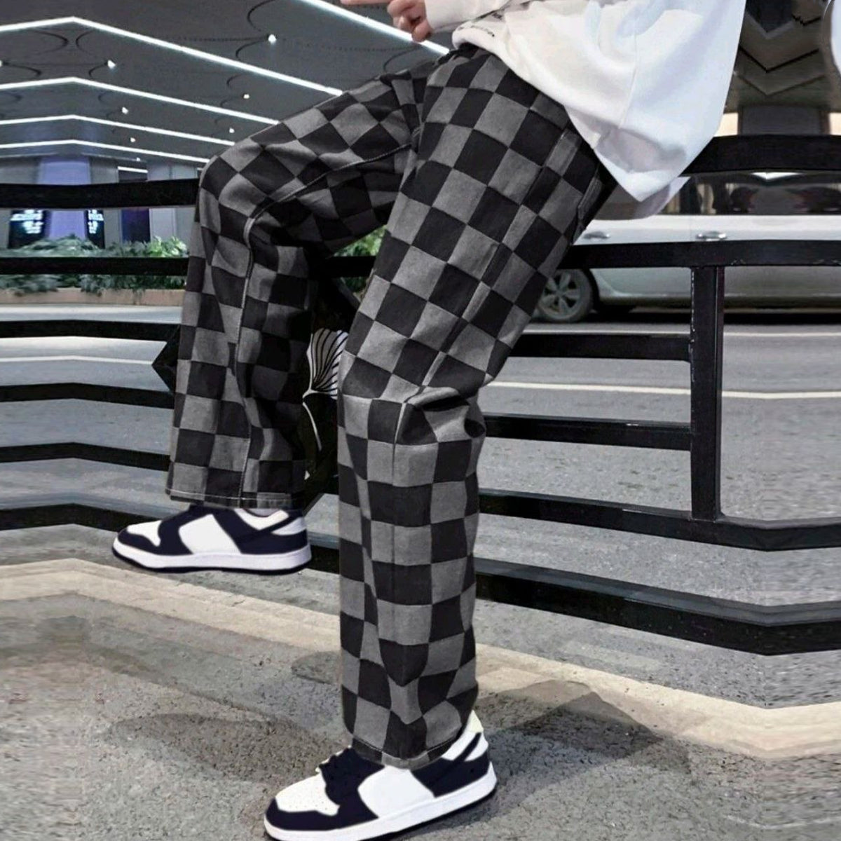 Black N Grey Checks Straight Pants for Men & Women