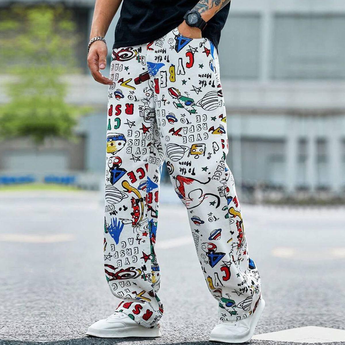 White Colorful Text Straight Pants for Men & Women