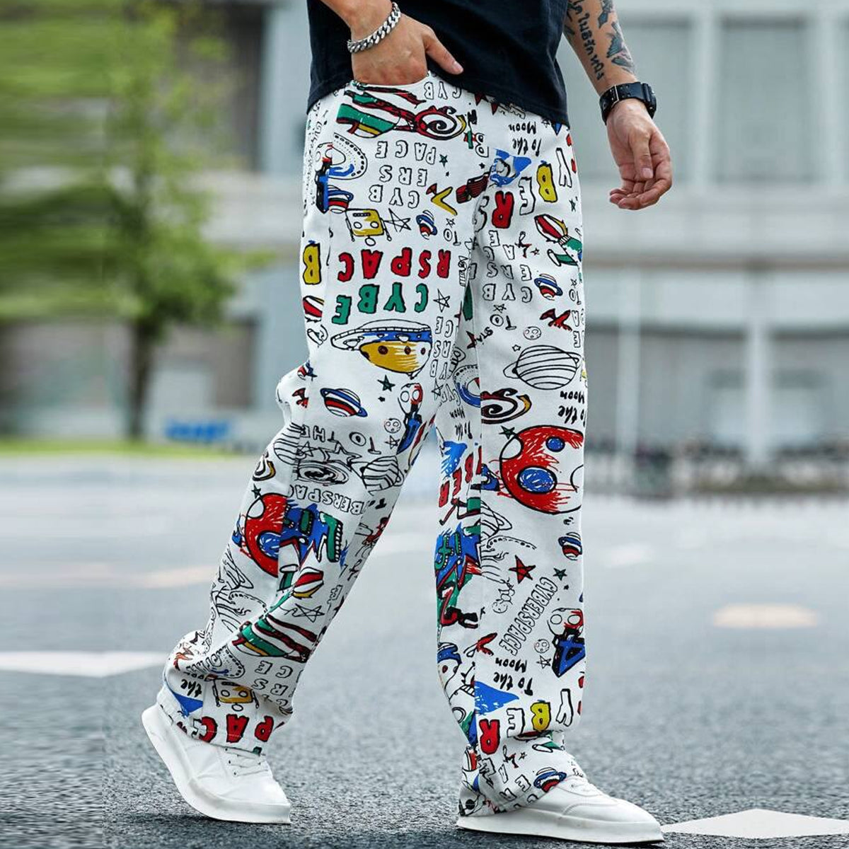White Colorful Text Straight Pants for Men & Women