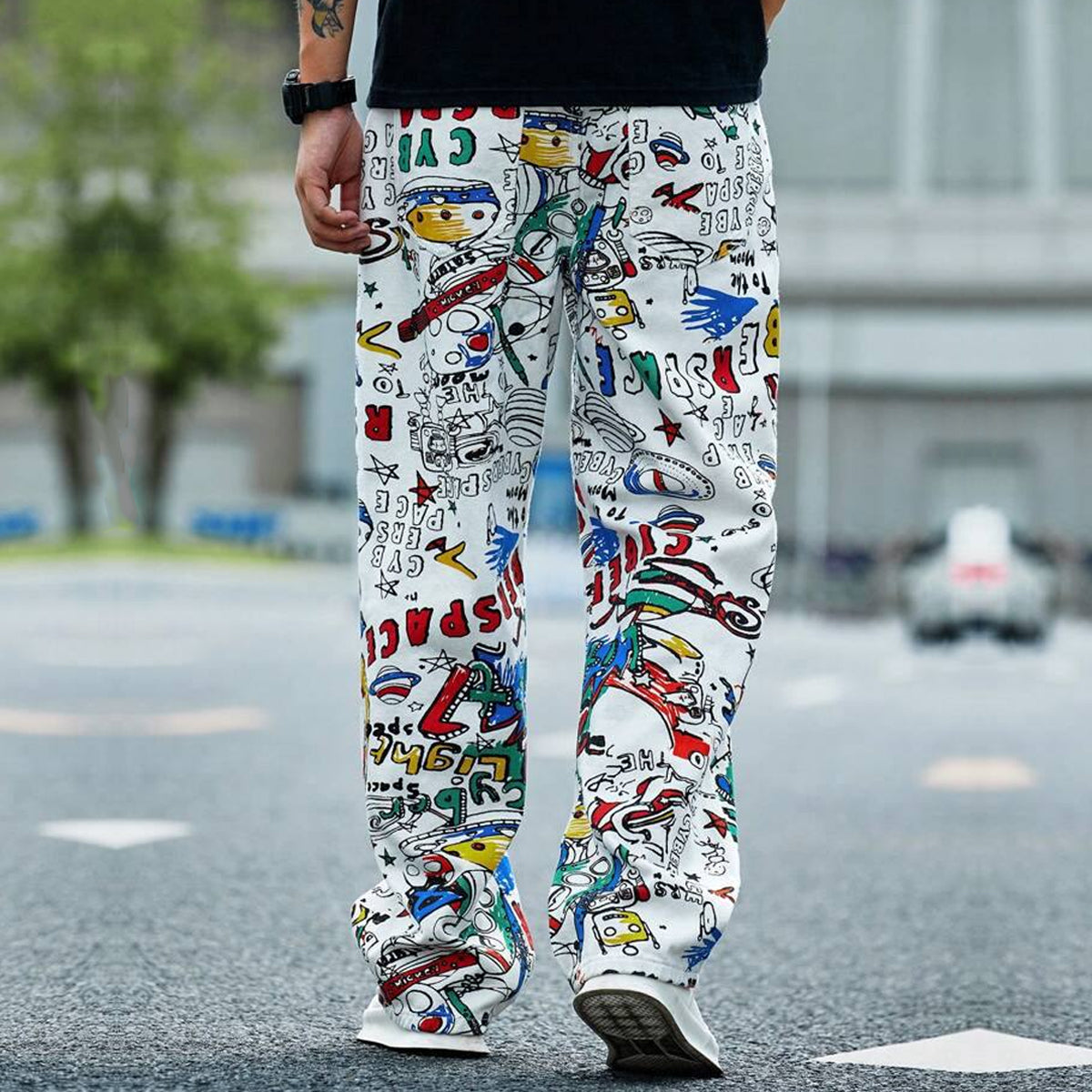 White Colorful Text Straight Pants for Men & Women