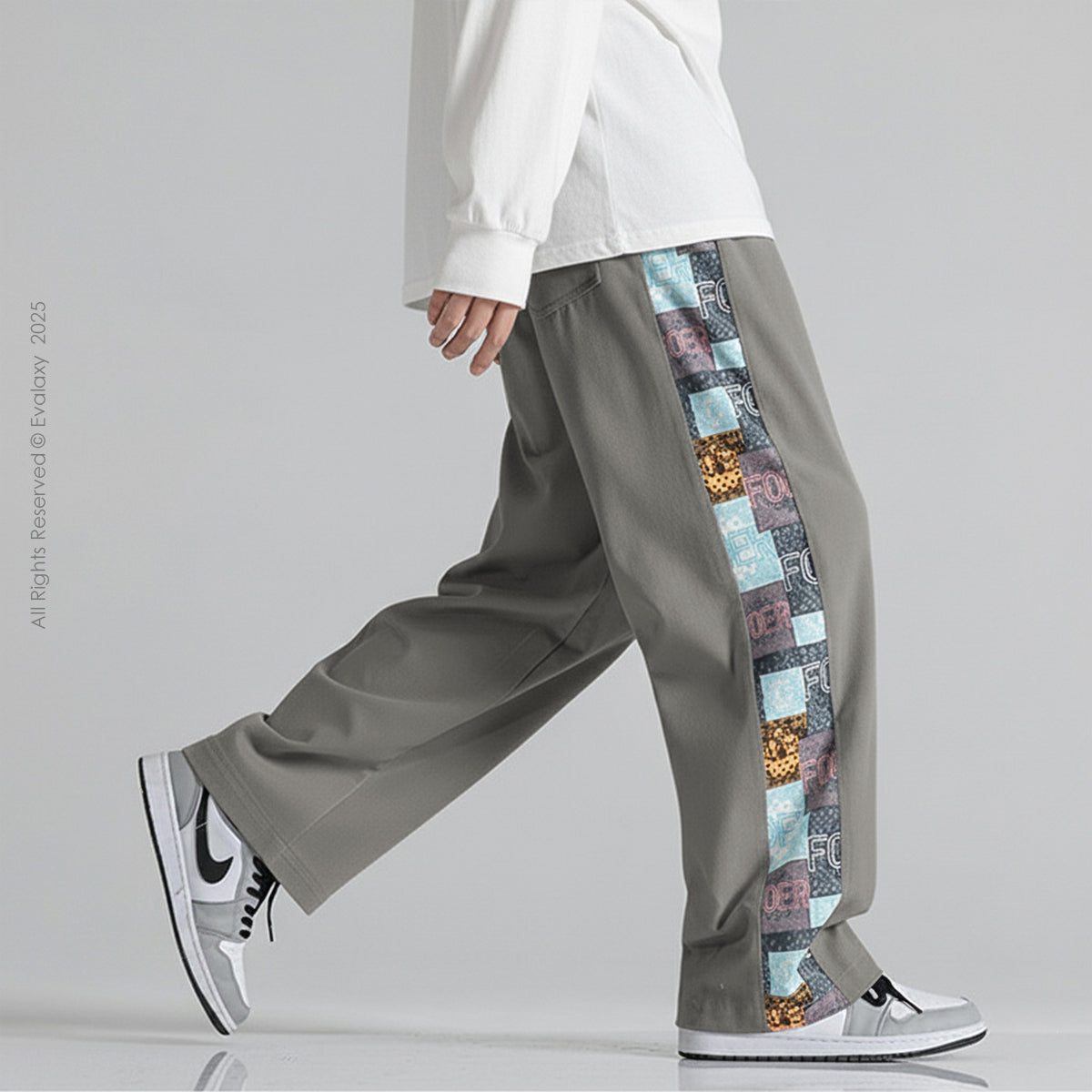 Grey Side Print Straight Relax-Fit Pants for Men & Women