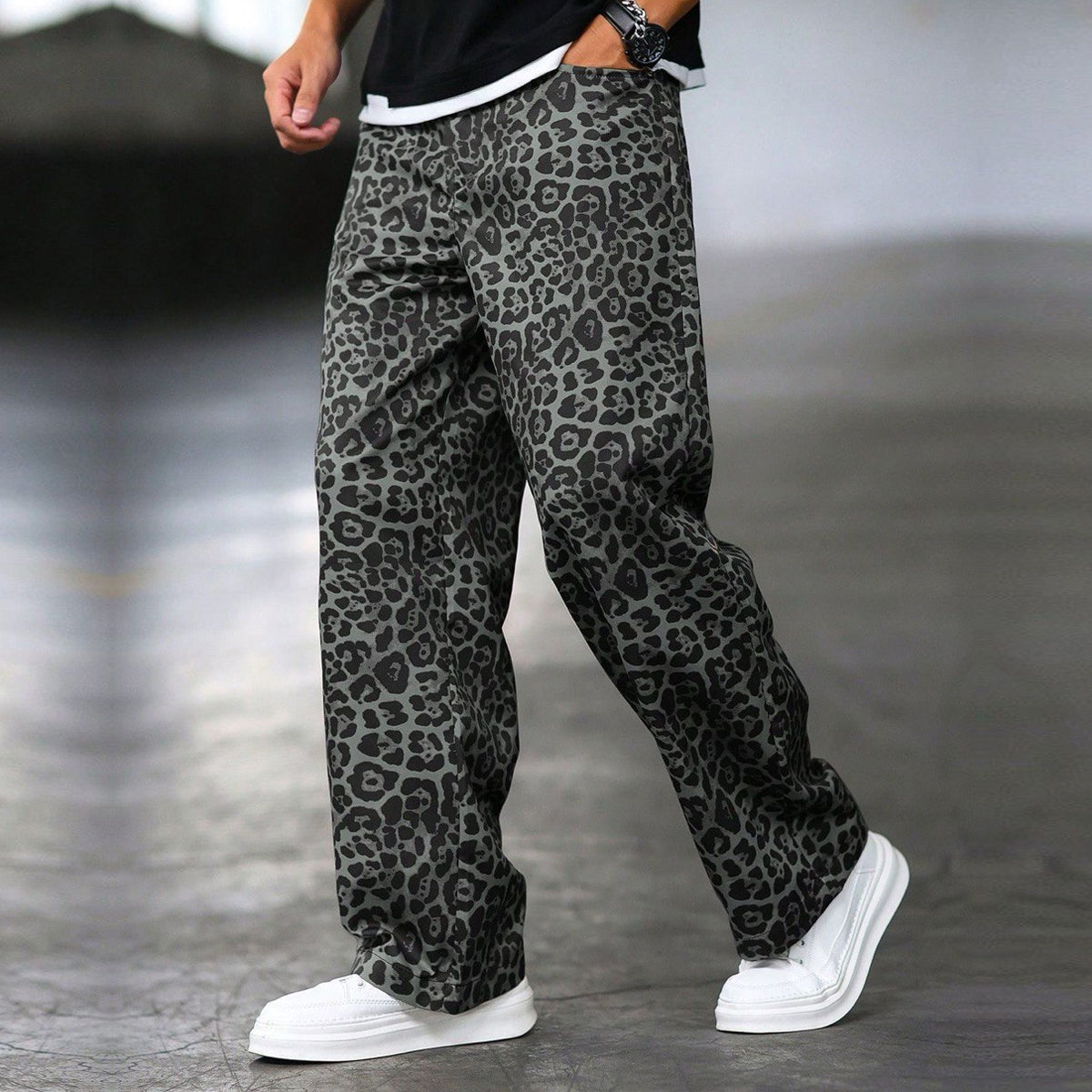 Dark Leopard Print Straight Pants for Men & Women