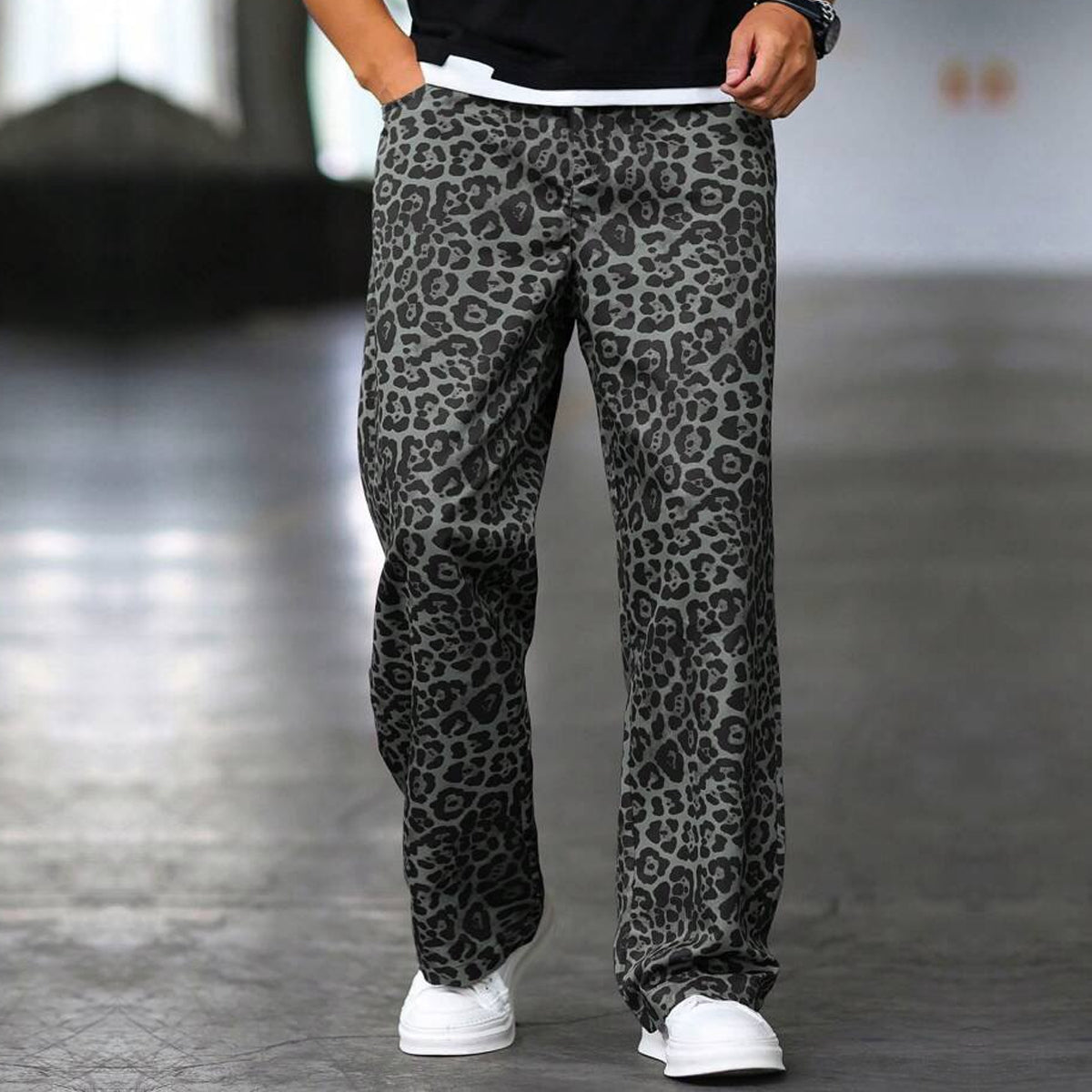 Dark Leopard Print Straight Pants for Men & Women