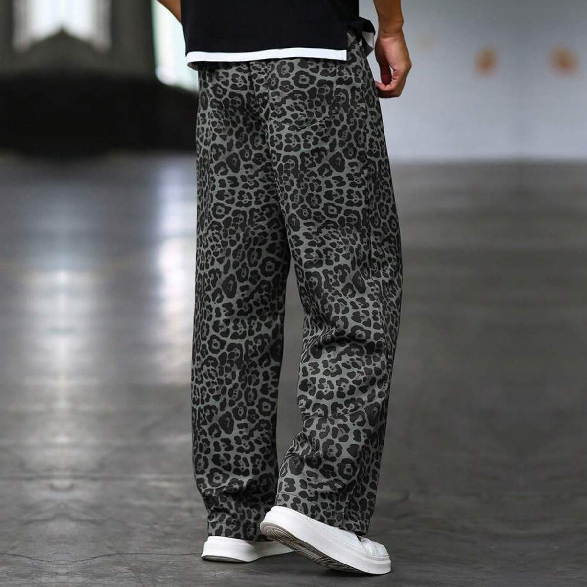 Dark Leopard Print Straight Pants for Men & Women
