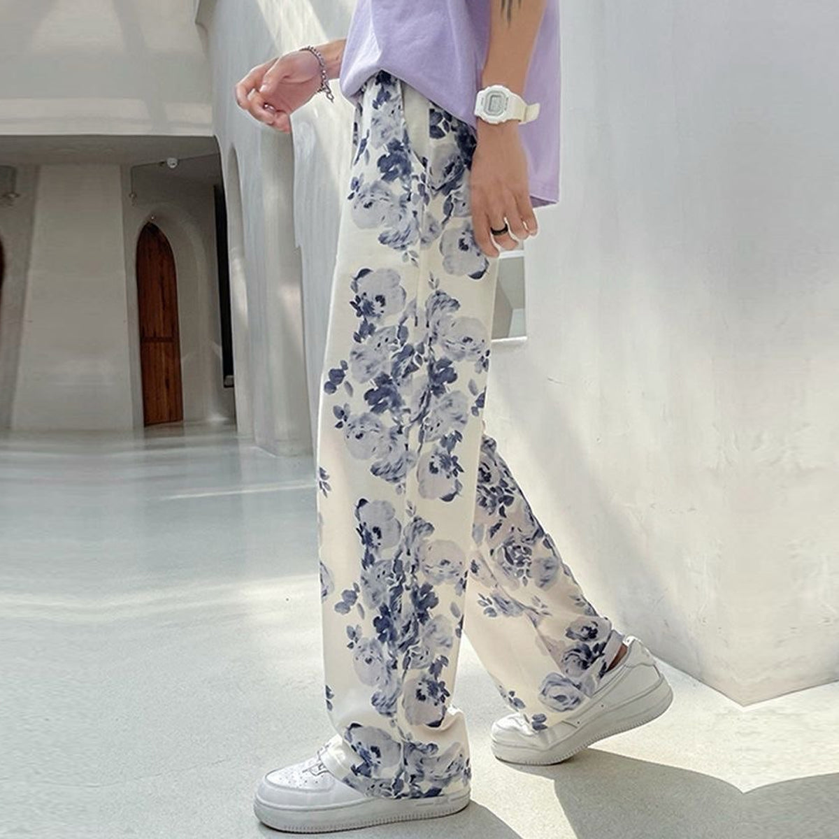 White Floral Straight Pants for Men & Women