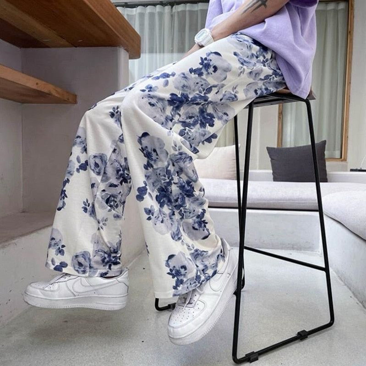 White Floral Straight Pants for Men & Women