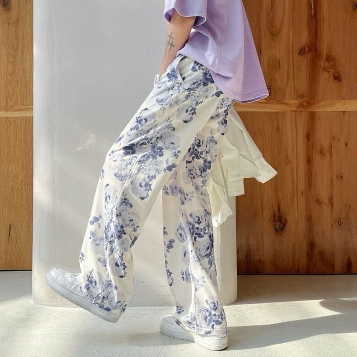 White Floral Straight Pants for Men & Women