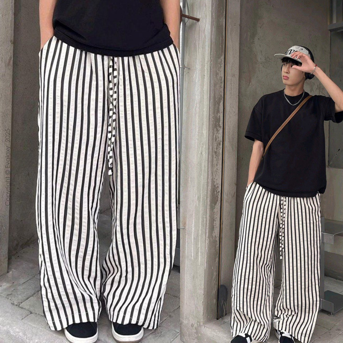 Dark Grey Stripped Straight Relax-Fit Pants for Men & Women
