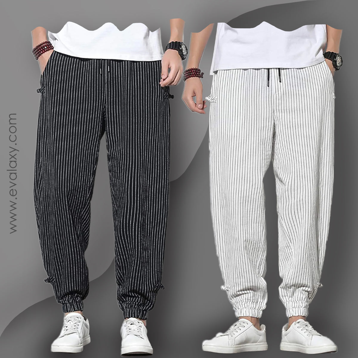 Men's Pants Loose Thin Black & White Striped Jogger Breathable Casual Harem Combo (Pack of 2)
