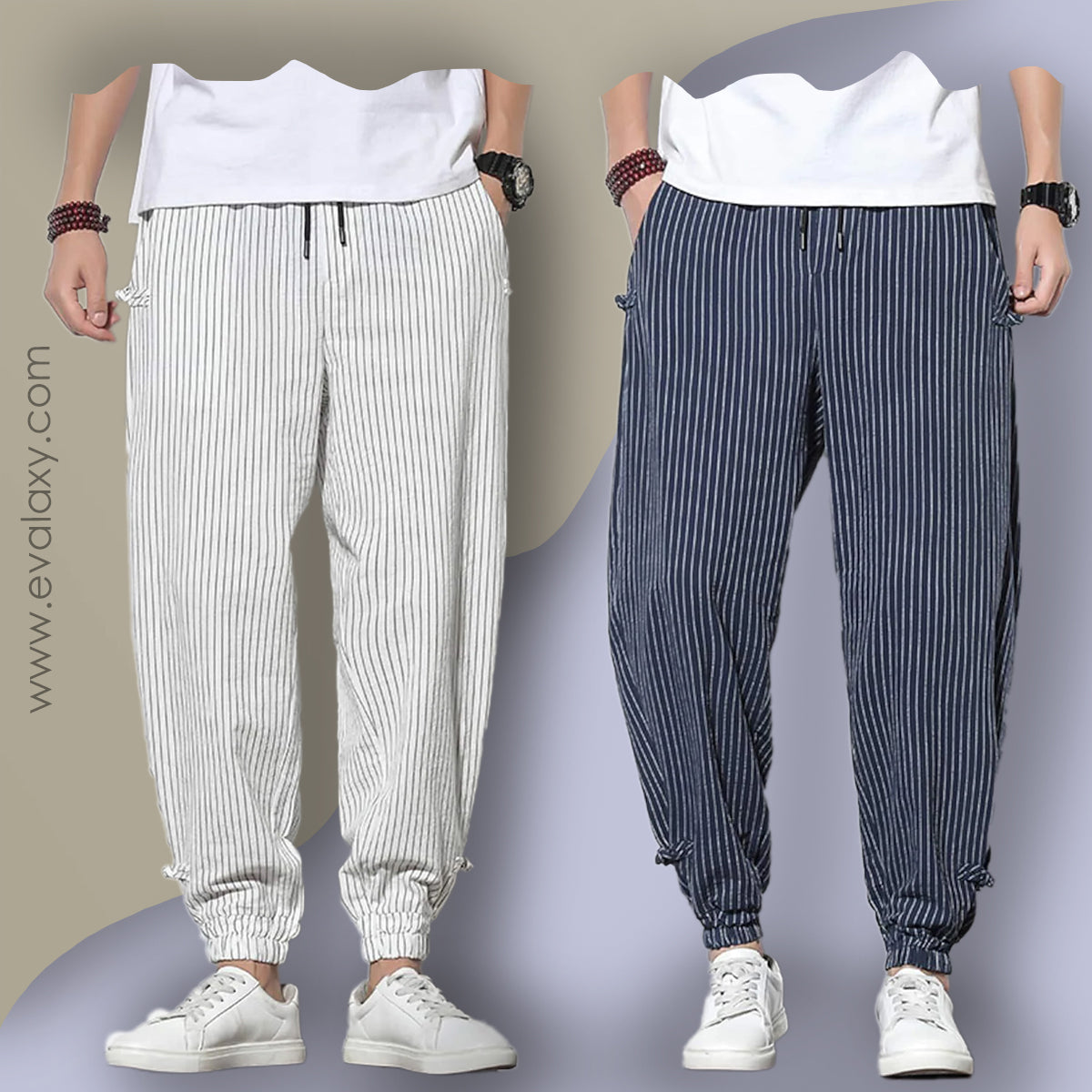 Men's Pants Loose Thin Blue & White Striped Jogger Breathable Casual Harem Combo (Pack of 2)