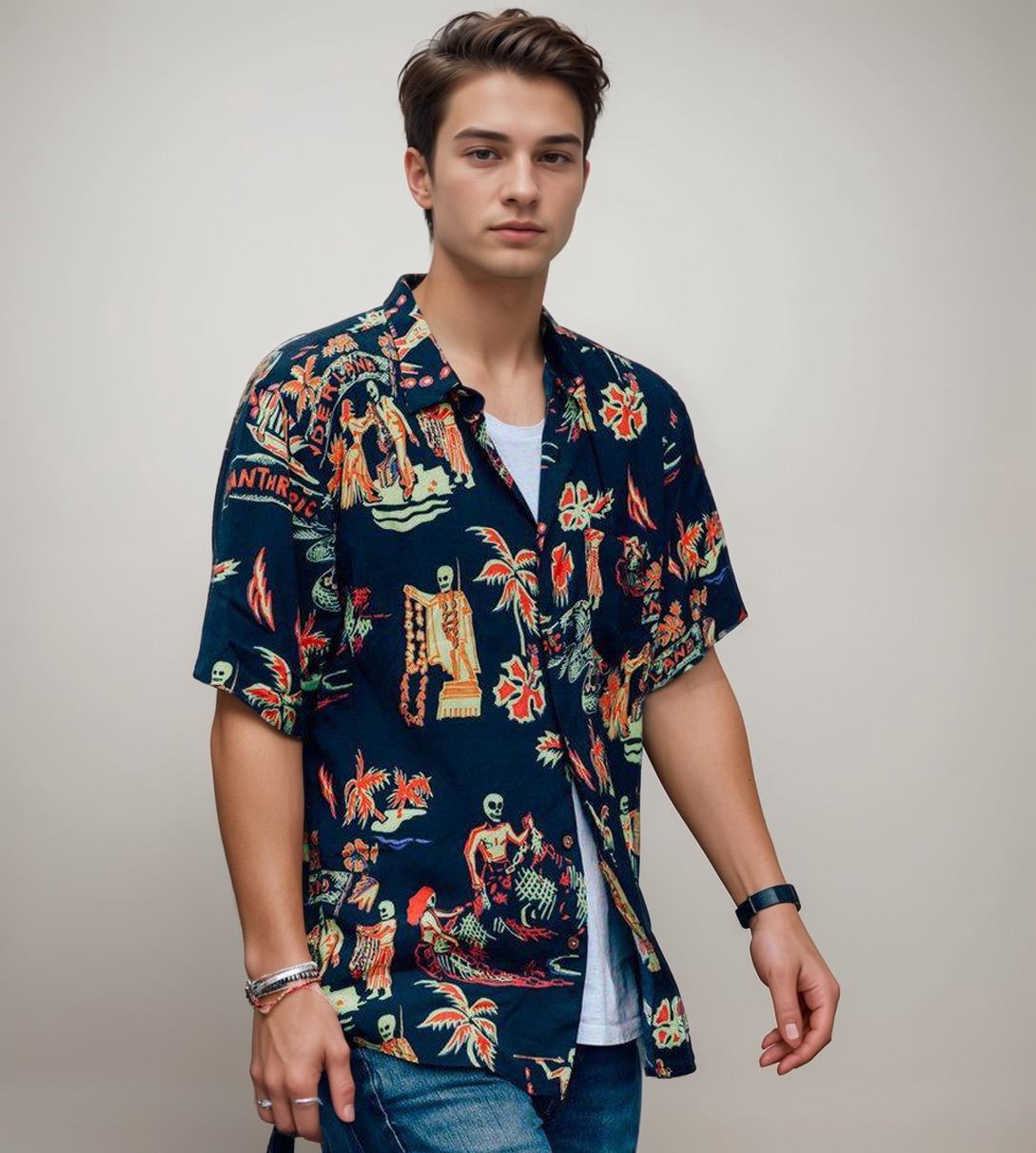 Men's Blue Skeleton All Over Printed Oversized Shirt