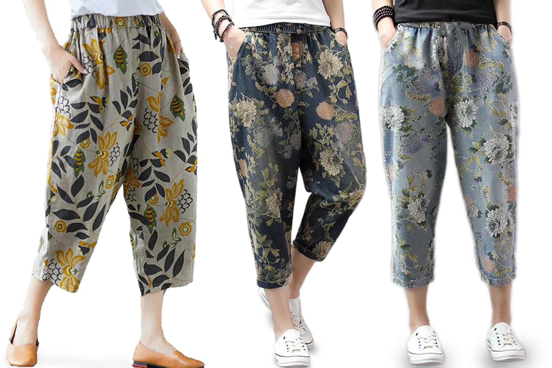 Cheibear Womens 2pcs Long Sleeve Capri Pants Floral Lounge Set