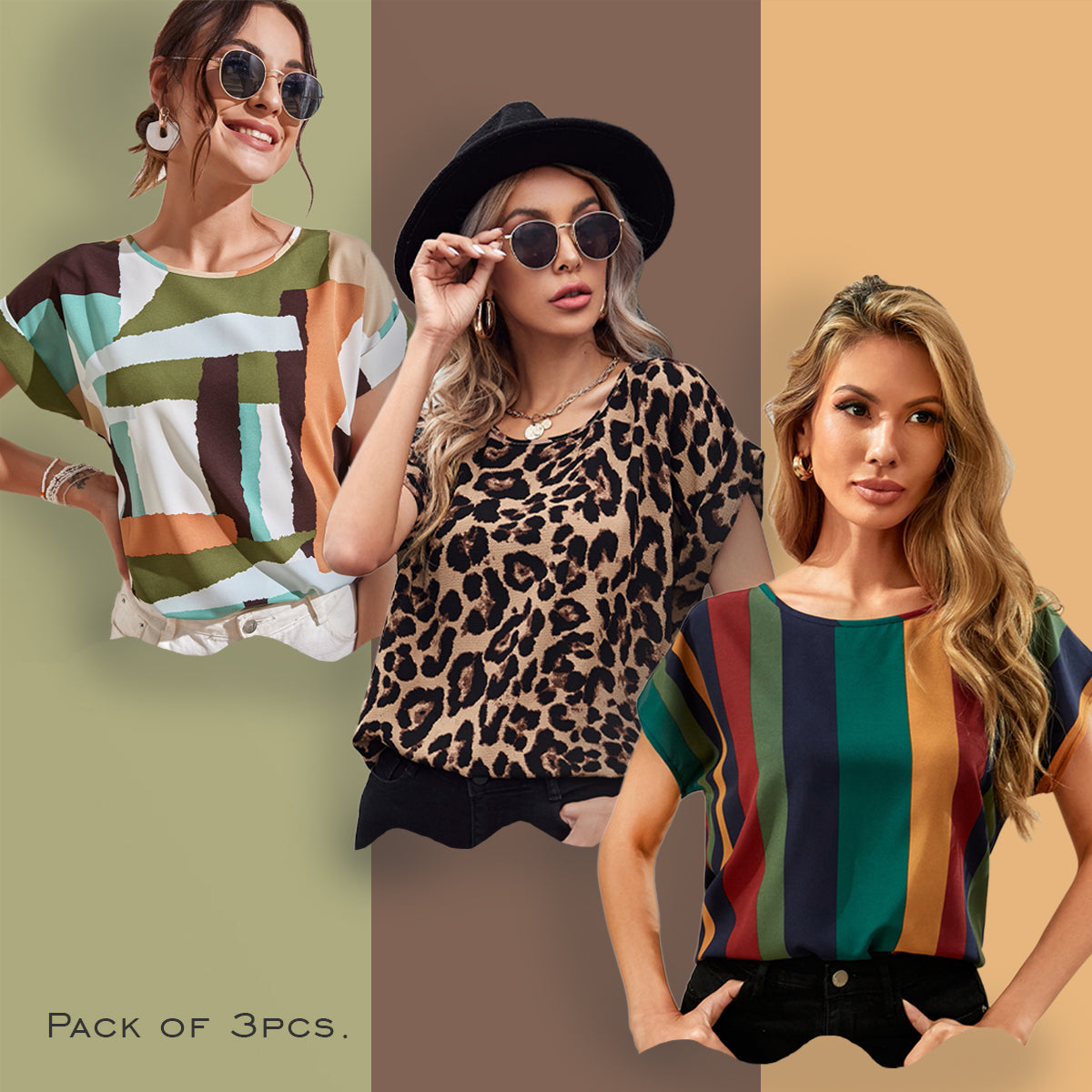 Stylish Abstract Olive, Leopard Prints & Colorful Beam Tops Combo For Women & Girls (Pack of 3)