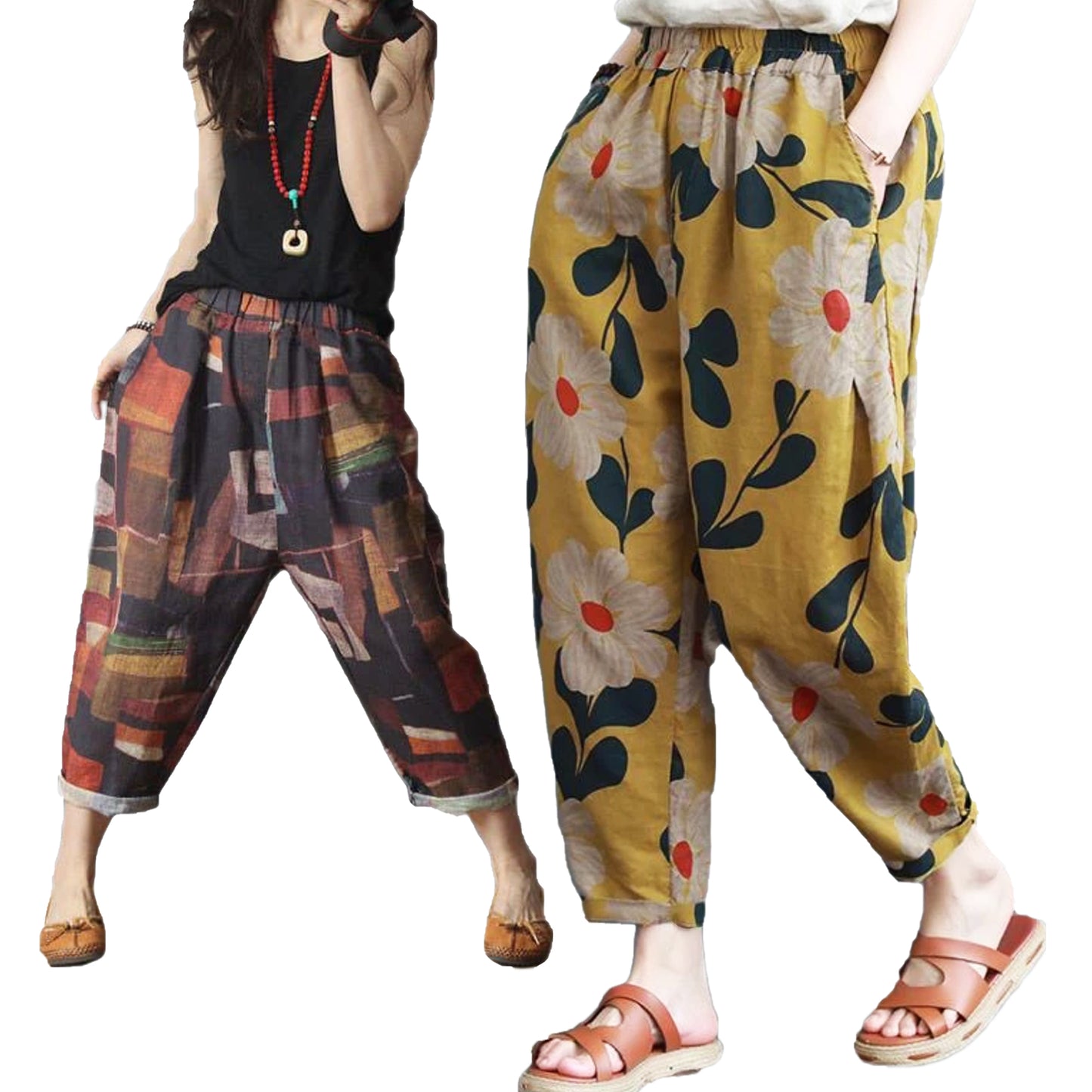 Vintage Abstract Blocks & Yellow Floral Pajama Capri Combo Pack For Womens & Girls(Pack Of 2 Pcs)