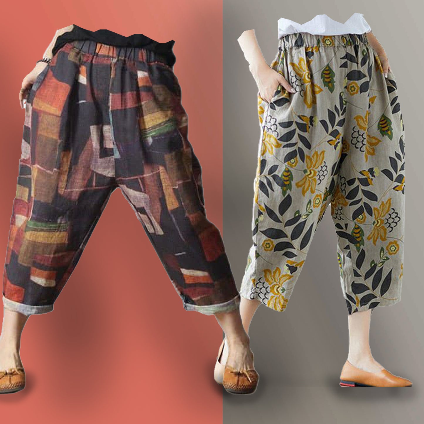 Vintage Abstract Blocks & Grey Floral Pajama Capri Combo Pack For Womens & Girls(Pack Of 2 Pcs)