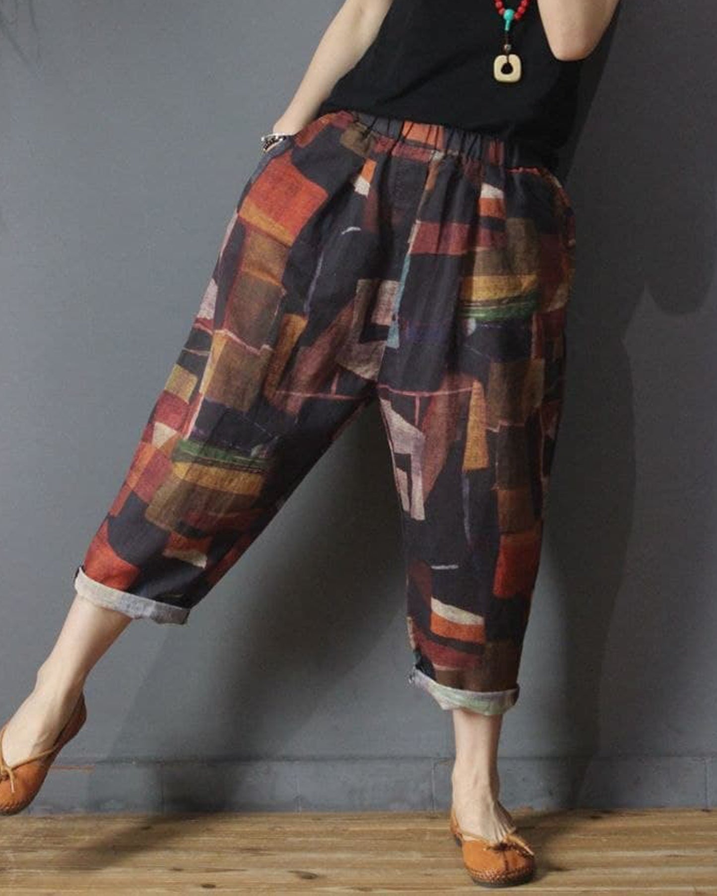 Vintage Abstract Blocks Pajama Capri For Womens & Girls