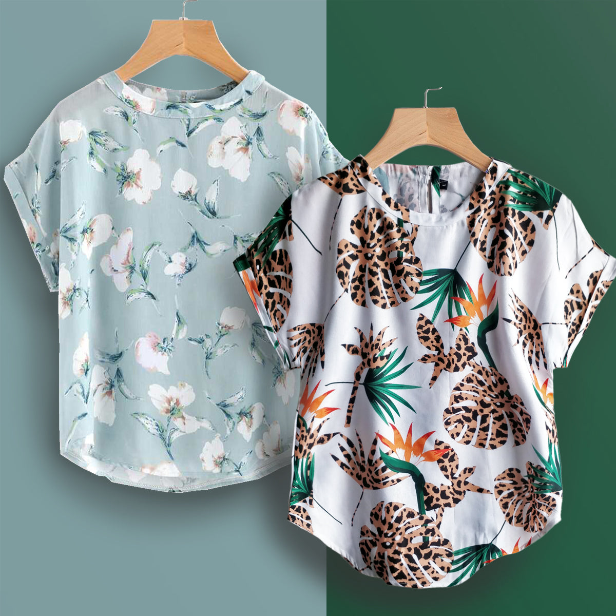 Stylish Turquoise Floral & Panther Palm Tops Combo For Women & Girls(Pack  Of 2 Pcs)