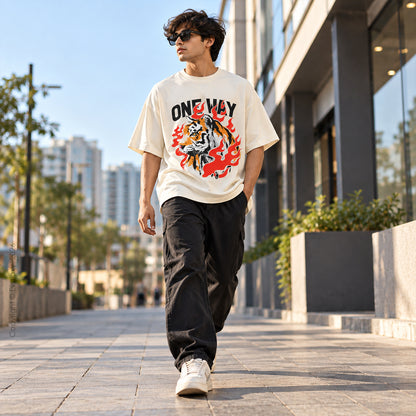 Only Tiger Graphic Cream Oversized T-Shirt – 240 GSM Premium Cotton