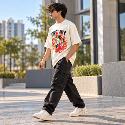 Only Tiger Graphic Cream Oversized T-Shirt – 240 GSM Premium Cotton