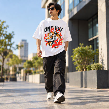 Only Tiger Graphic White Oversized T-Shirt – 240 GSM Premium Cotton