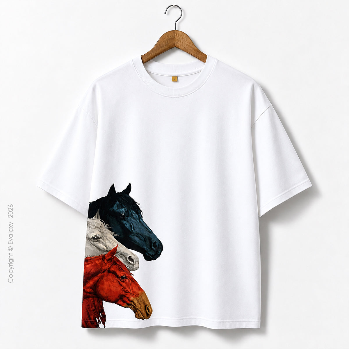 Triple Horse Graphic White Oversized T-Shirt – 240 GSM Premium Cotton