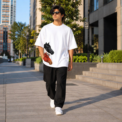 Triple Horse Graphic White Oversized T-Shirt – 240 GSM Premium Cotton