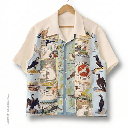 Vintage Bird Print Cuban Collar Shirt – For Men & Women