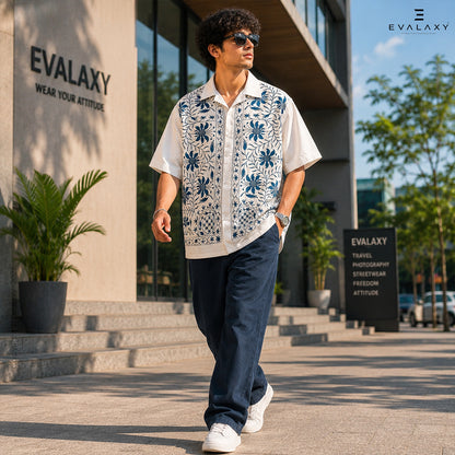 Vintage Indigo Flower Print Shirt for Men and Women