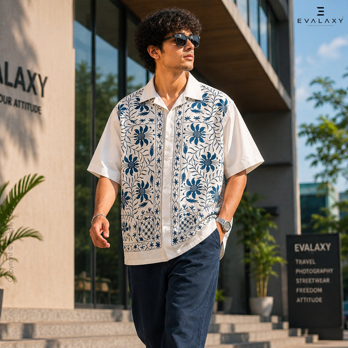 Vintage Indigo Flower Print Shirt for Men and Women