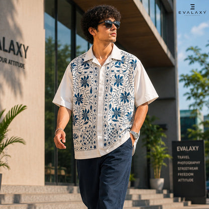 Vintage Indigo Flower Print Shirt for Men and Women