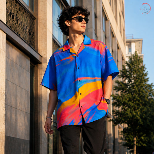 Vibrant Abstract Wave Print Oversized Shirt For Men & Women