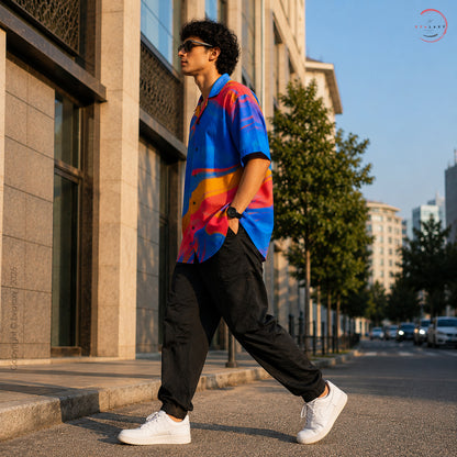 Vibrant Abstract Wave Print Oversized Shirt For Men & Women