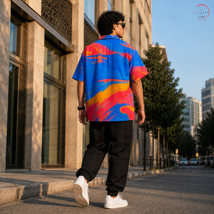 Vibrant Abstract Wave Print Oversized Shirt For Men & Women
