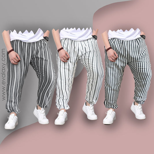 Loose Pants Multi Stripped Jogger Breathable Casual Harem Combo-Unisex Pants for Men and Women (Pack of 3)