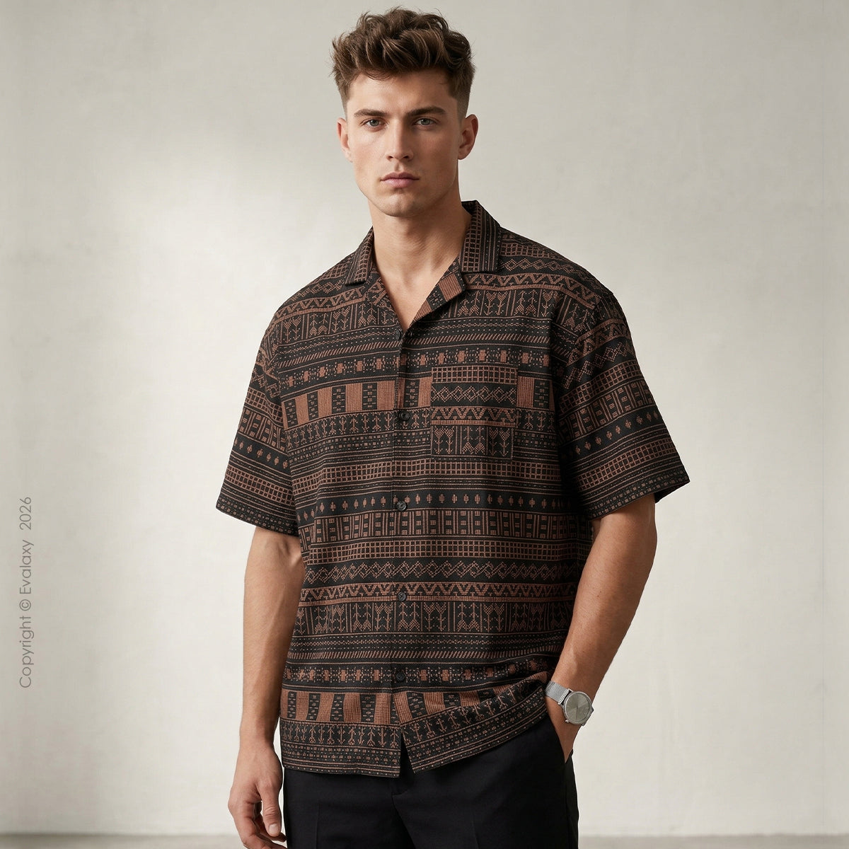Brown Pattern All Over Printed Relaxed Fit Shirt