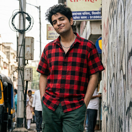 Red Checkered Half Sleeves Print Shirt