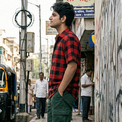 Red Checkered Half Sleeves Print Shirt