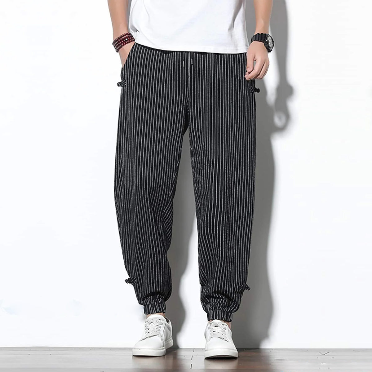 Men's Pants Loose Thin Black & White Striped Jogger Breathable